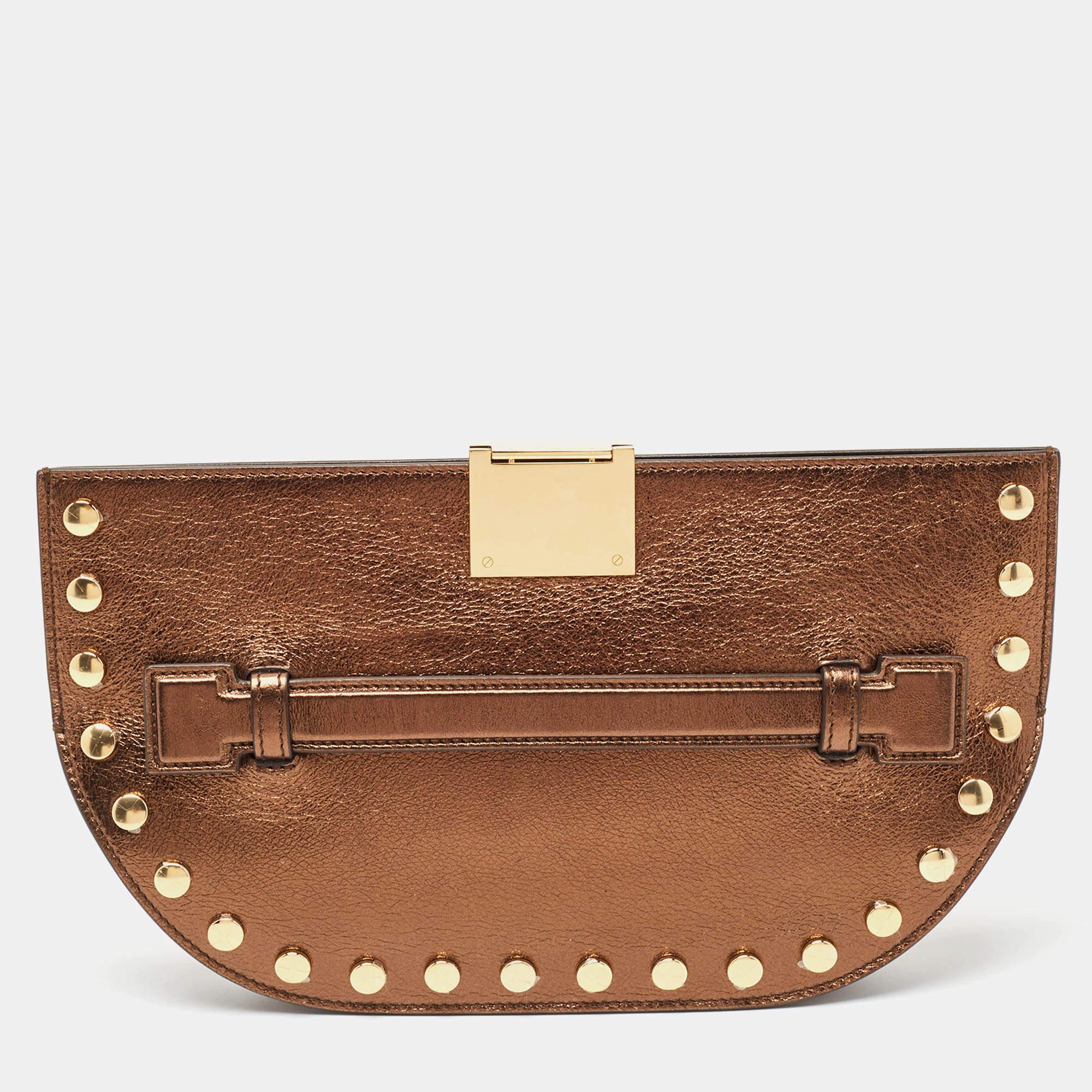 Burberry Bronze Leather Studded Olympia Clutch In Excellent Condition In Dubai, Al Qouz 2