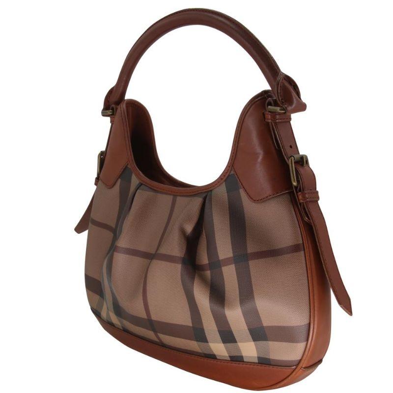 Burberry Brooklyn Coated Canvas Smoked Check Handbag Brown Leather Shoulder Bag In Good Condition For Sale In Downey, CA
