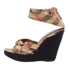 Burberry Brown/Beige Canvas and Leather Wedge Sandals Size 40