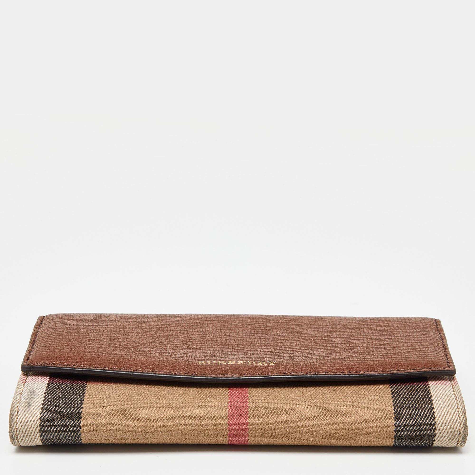Women's Burberry Brown/Beige Check Canvas and Leather Flap Continental Wallet