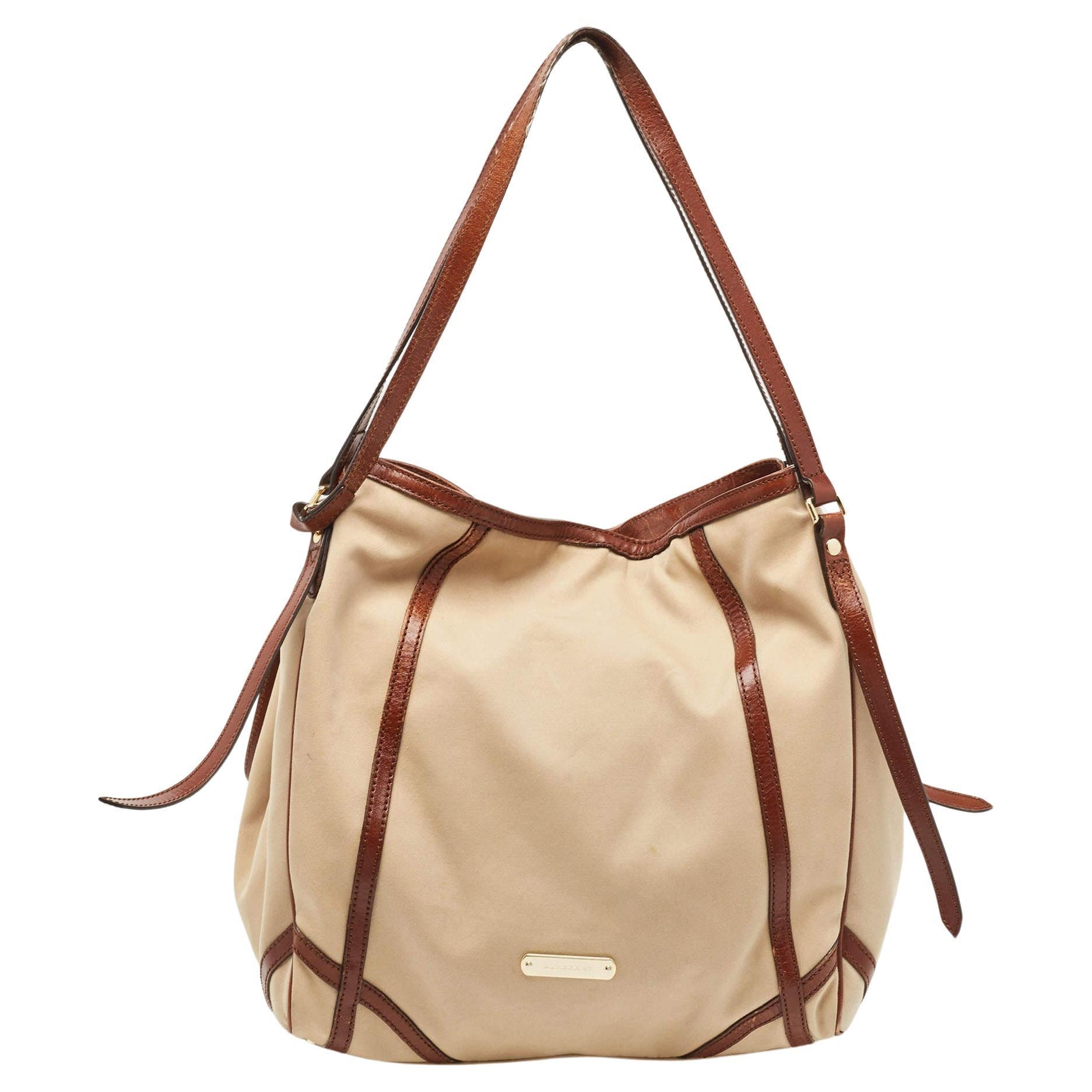 Burberry Brown/Beige Fabric and Leather Large Canterbury Tote For Sale