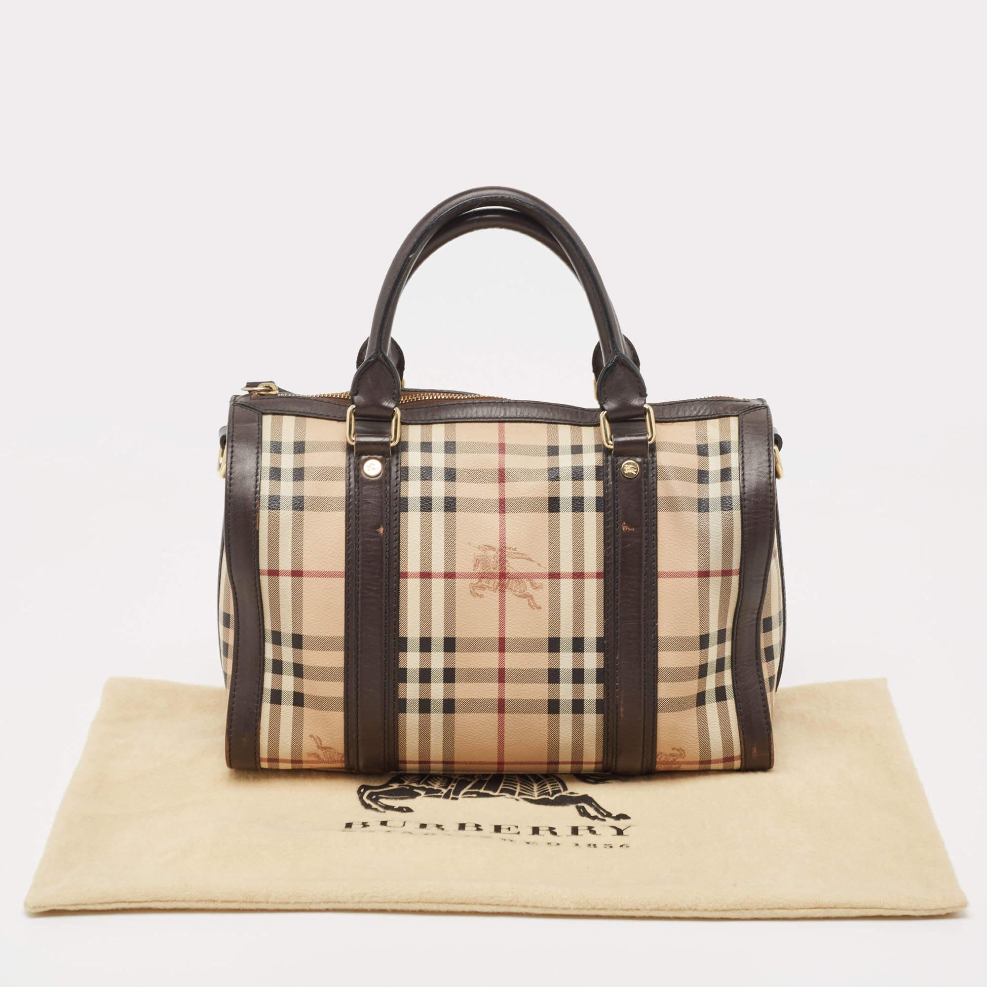 Burberry Brown/Beige Haymarket Canvas and Leather Alchester Bag For Sale 12