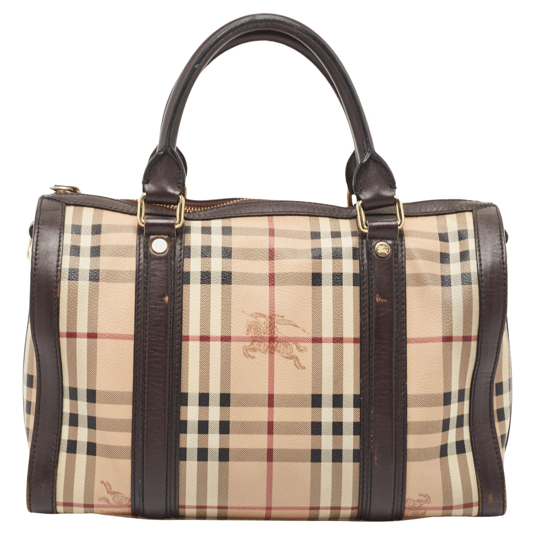 Burberry Brown/Beige Haymarket Canvas and Leather Alchester Bag For Sale