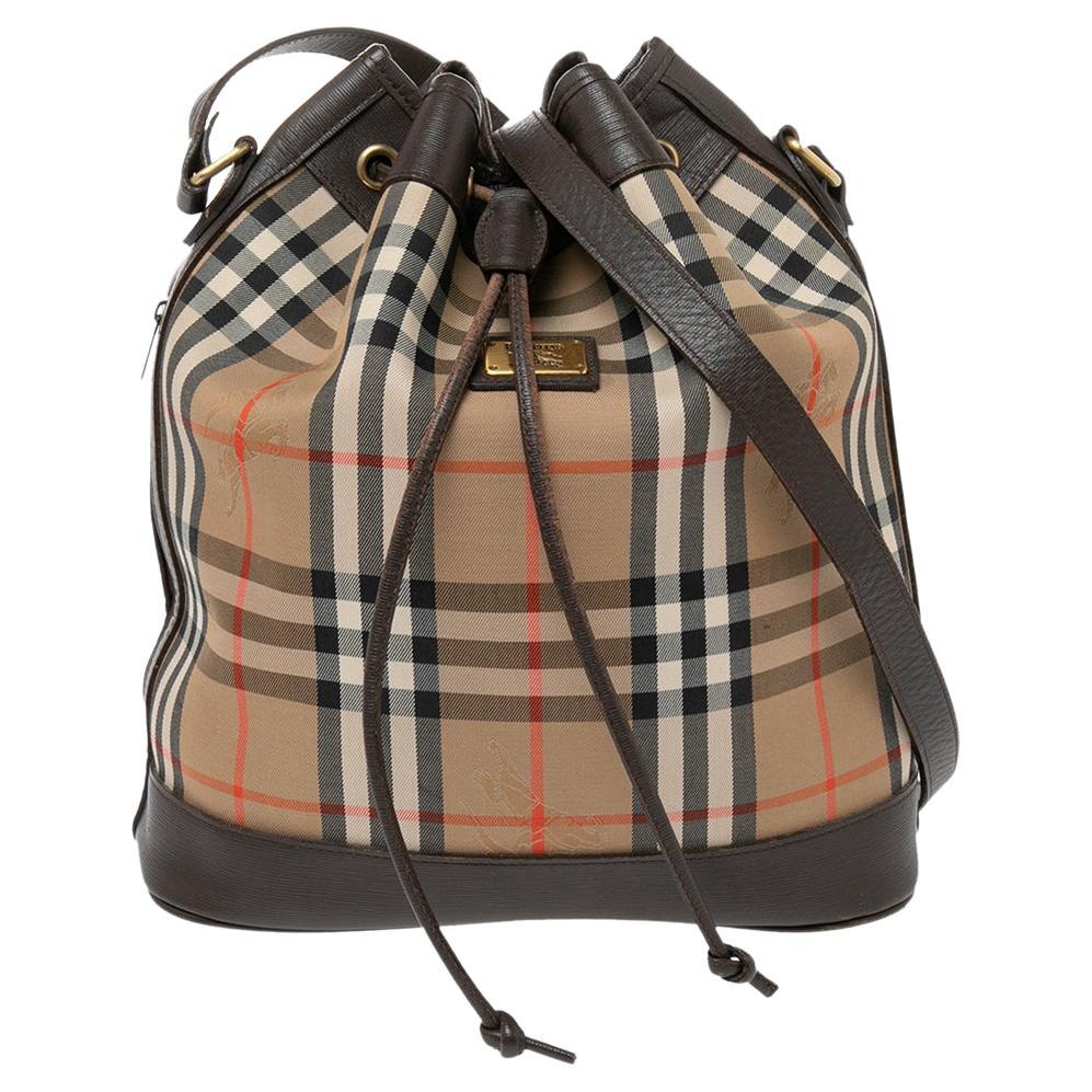 Burberry Brown/Beige Haymarket Canvas and Leather Vintage Drawstring Bucket Bag