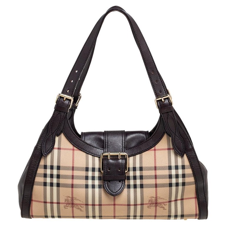 Burberry Brown/Beige Haymarket Check PVC and Leather Buckle Flap Satchel at  1stDibs