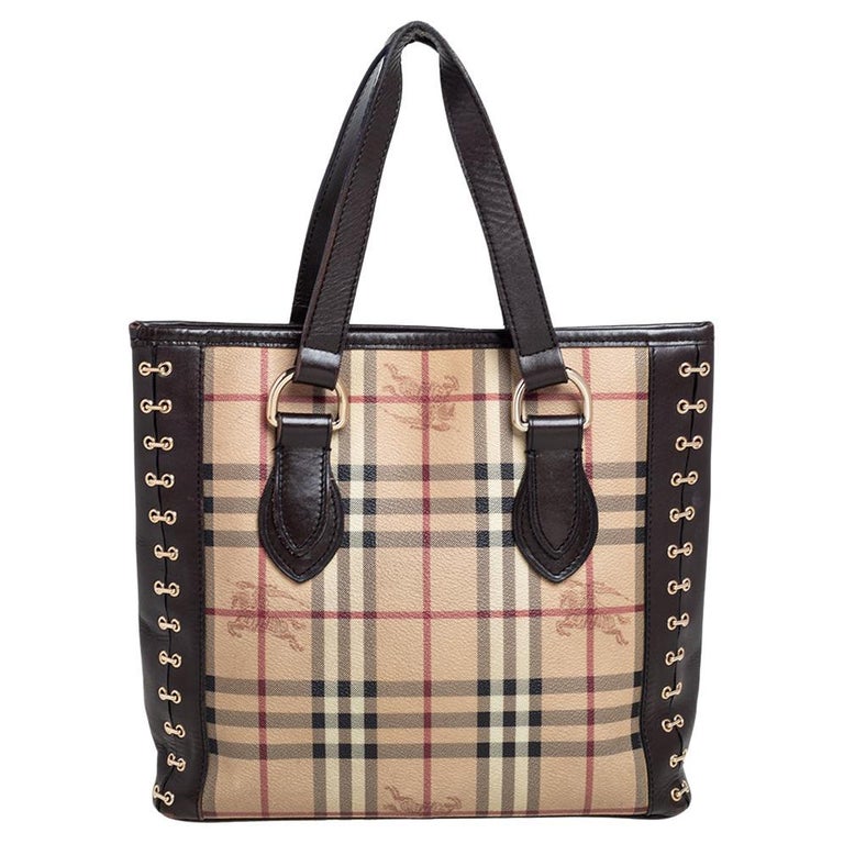 Burberry Brown/Beige Haymarket Check PVC and Leather Grommet Regent Tote at  1stDibs