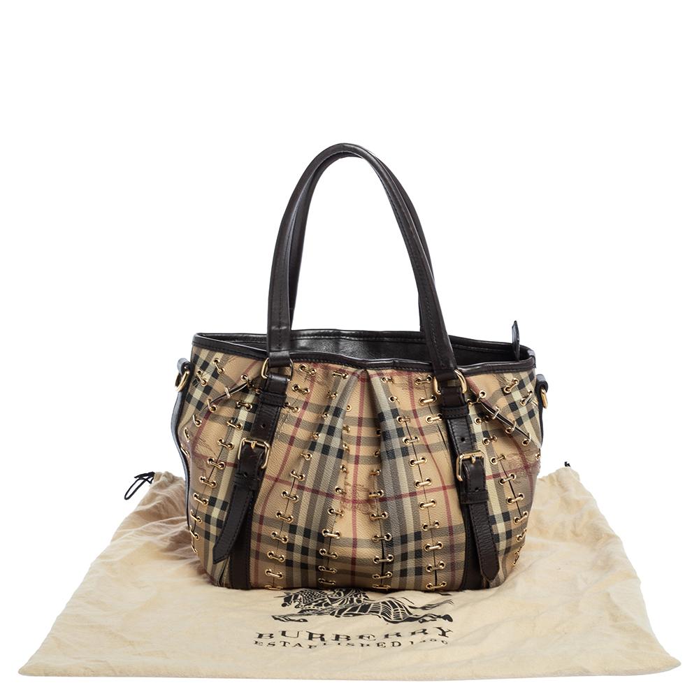 Burberry Brown/Beige Haymarket Check PVC and Leather Lowry Tote 4
