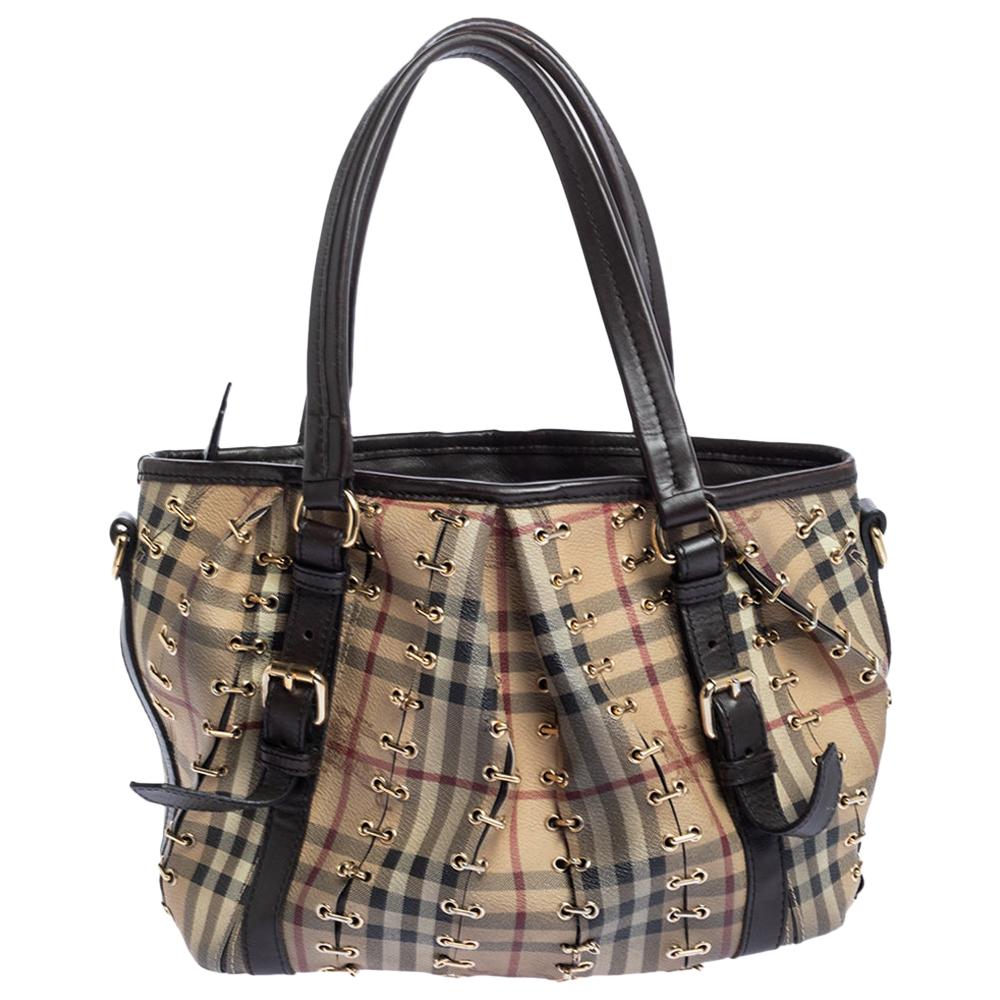 Burberry Brown/Beige Haymarket Check PVC and Leather Lowry Tote
