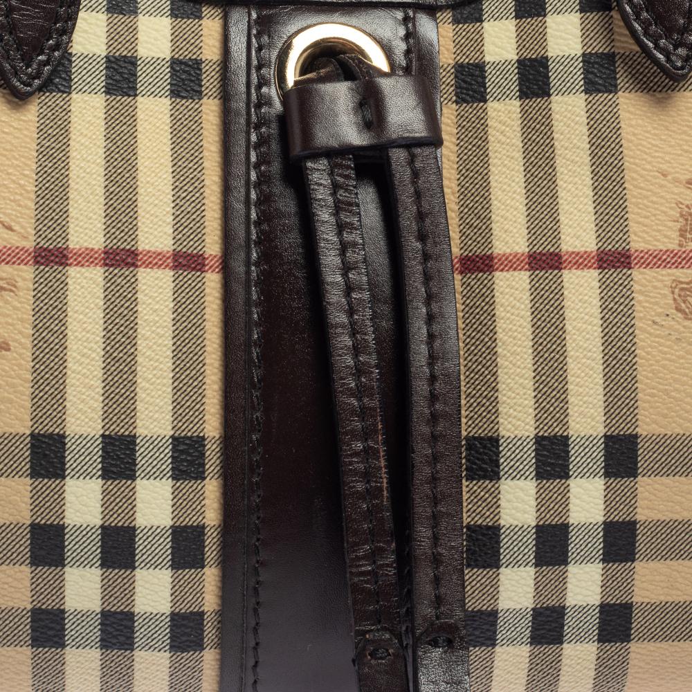 Burberry Brown/Beige Haymarket PVC and Leather Kensington Baguette Bag 1