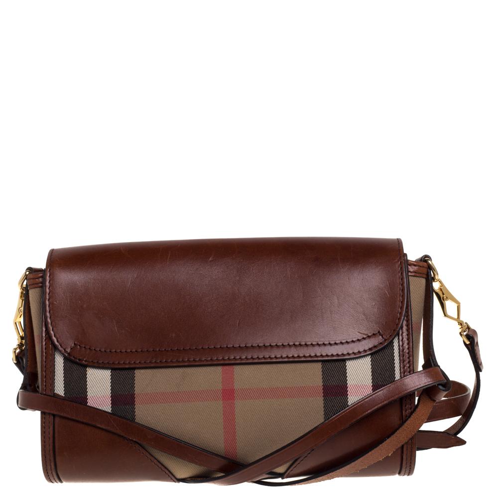 Black Burberry Brown/Beige House Check Canvas and Leather Abbott Shoulder Bag