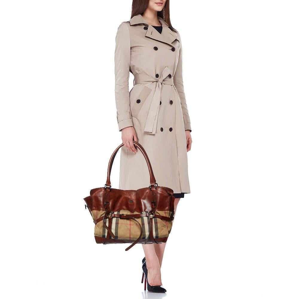 Burberry Brown/Beige House Check Canvas and Leather Belted Tote For Sale 7