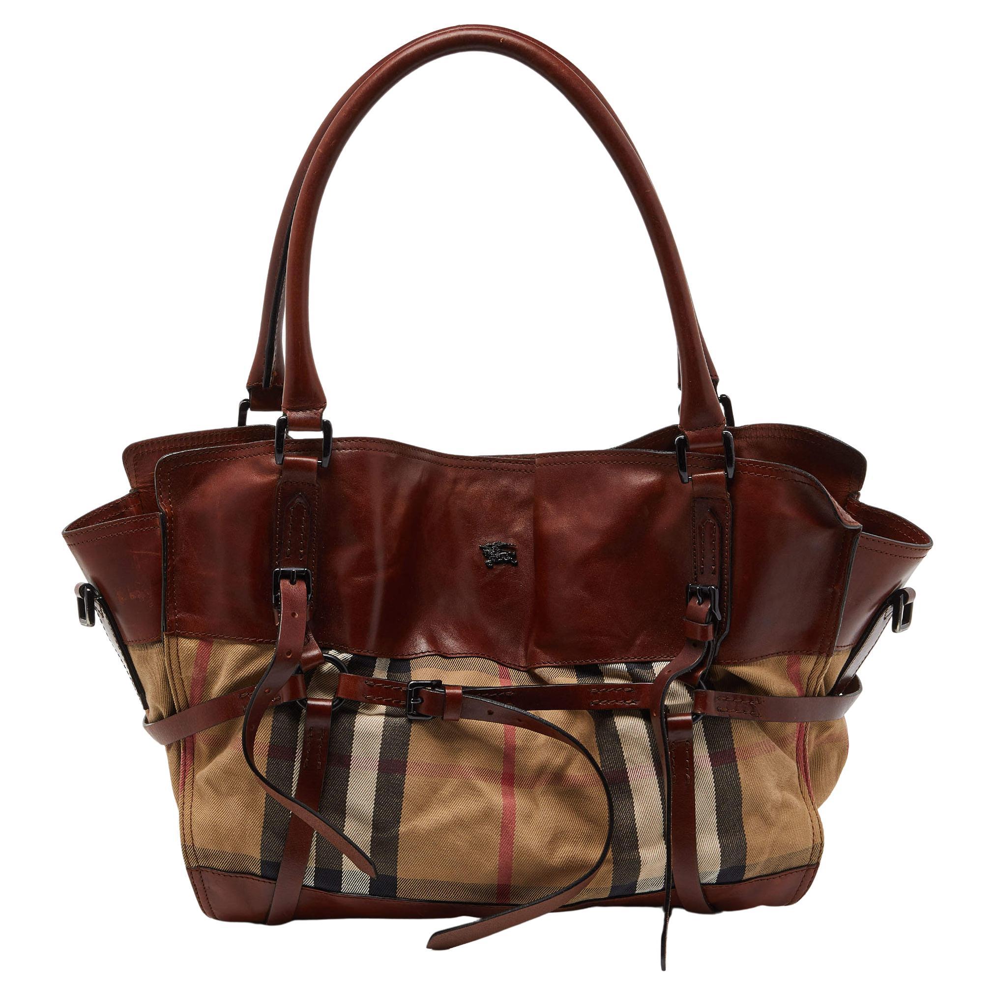 Burberry Brown/Beige House Check Canvas and Leather Belted Tote For Sale