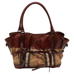 Used Burberry Brown/Beige House Check Canvas and Leather Belted Tote