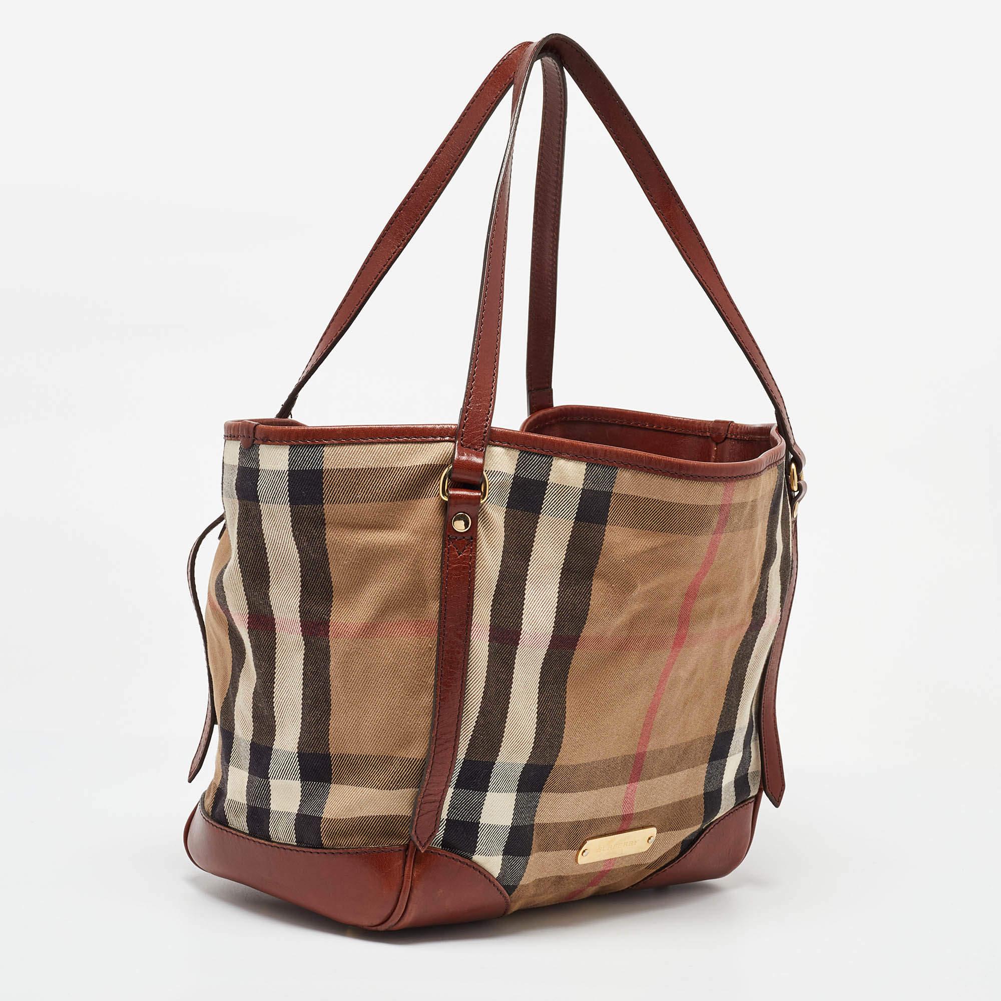 Burberry Brown/Beige House Check Canvas and Leather Canterbury Tote In Good Condition For Sale In Dubai, Al Qouz 2