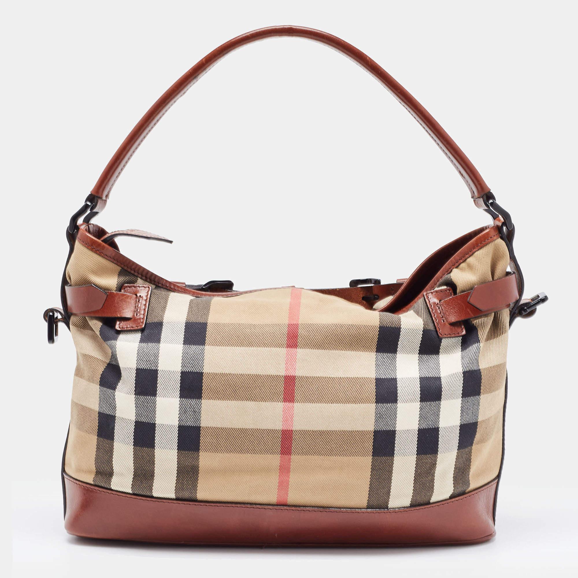 Women's Burberry Brown/Beige House Check Canvas and Leather Front Pocket Buckle Hobo For Sale