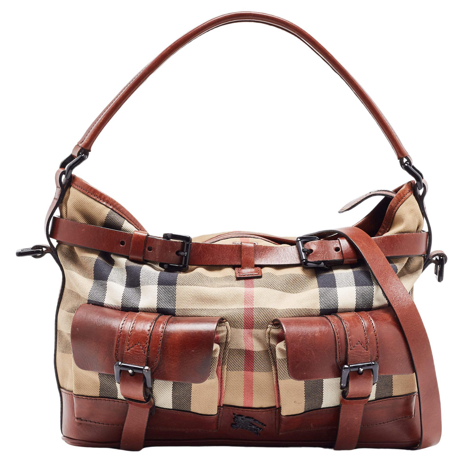 Burberry Brown/Beige House Check Canvas and Leather Front Pocket Buckle Hobo For Sale