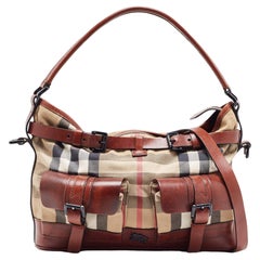 Used Burberry Brown/Beige House Check Canvas and Leather Front Pocket Buckle Hobo