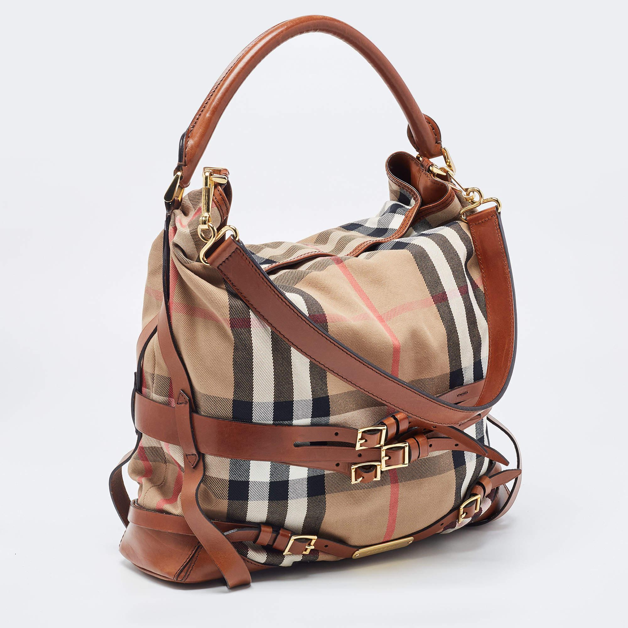 Women's Burberry Brown/Beige House Check Canvas and Leather Medium Bridle Gosford Hobo