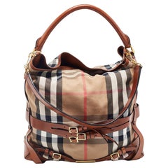 Burberry Brown/Beige House Check Canvas and Leather Medium Bridle Gosford Hobo