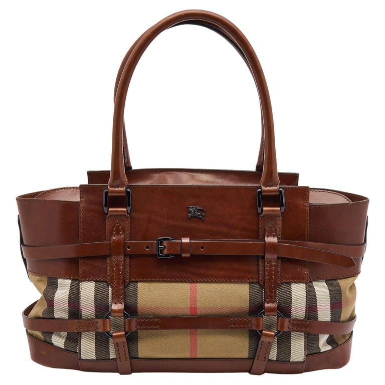 Burberry Brown/Beige House Check Fabric and Leather Bridle Satchel For Sale  at 1stDibs