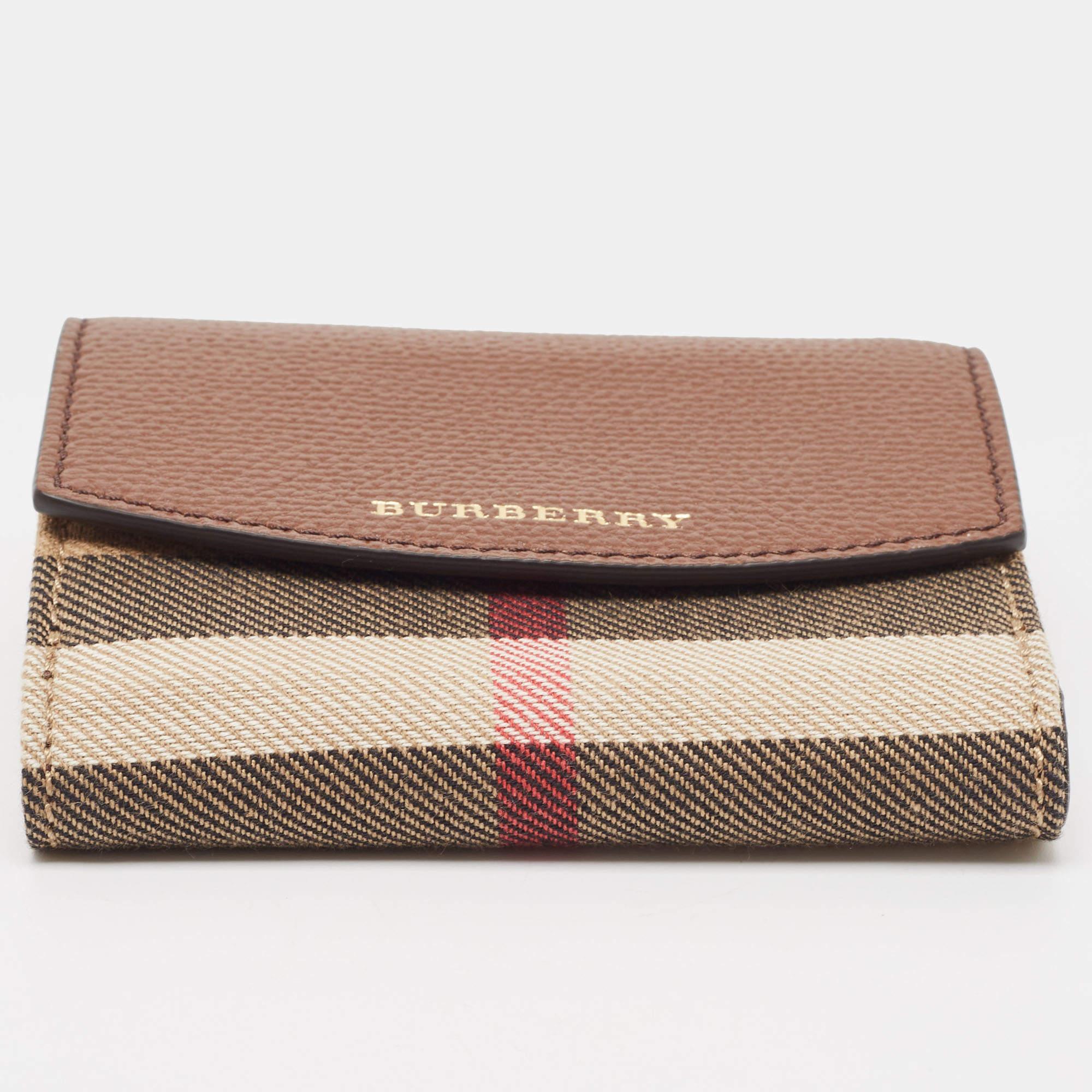 Burberry Brown/Beige House Check Fabric and Leather Luna Compact Wallet 3