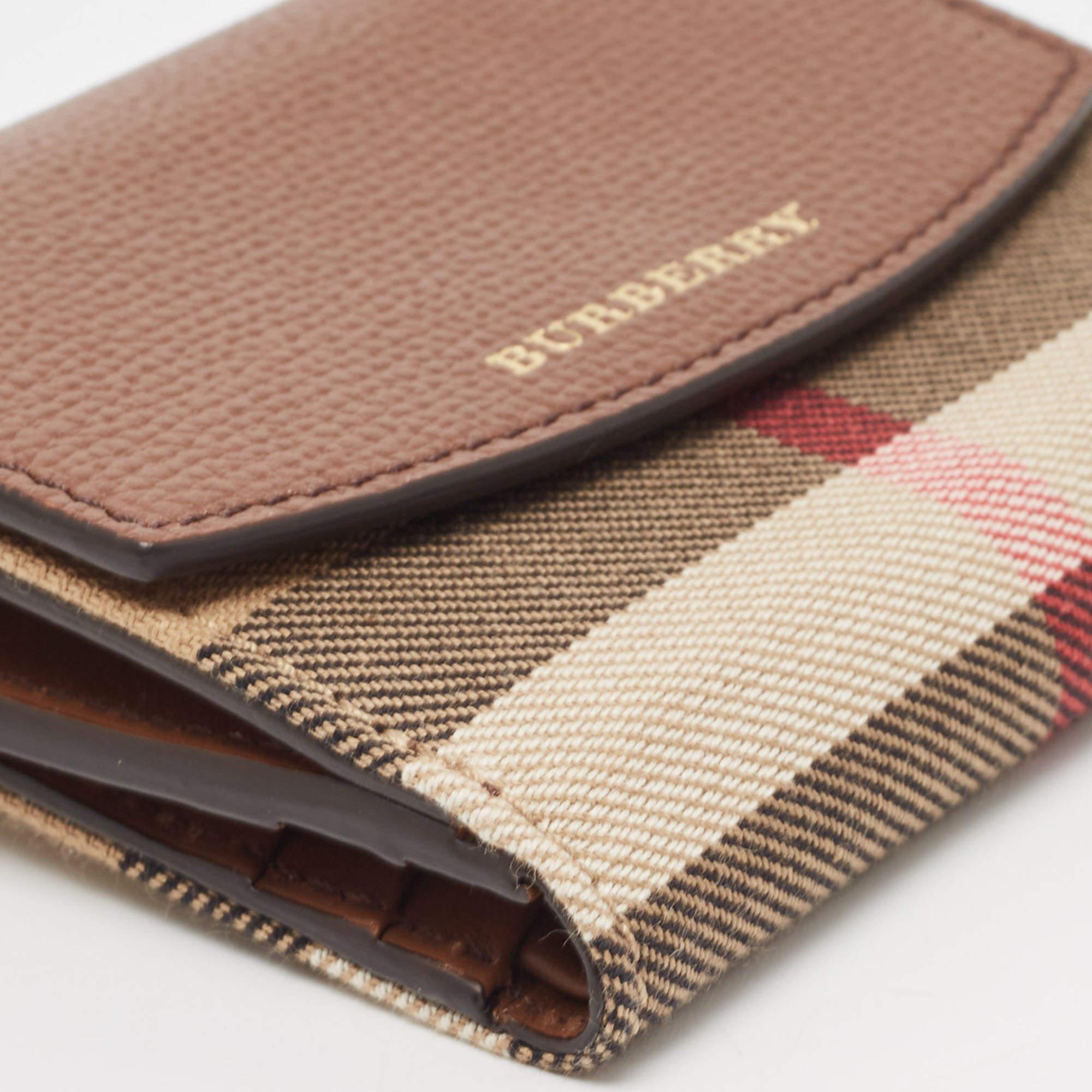 Burberry Brown/Beige House Check Fabric and Leather Luna Compact Wallet 4
