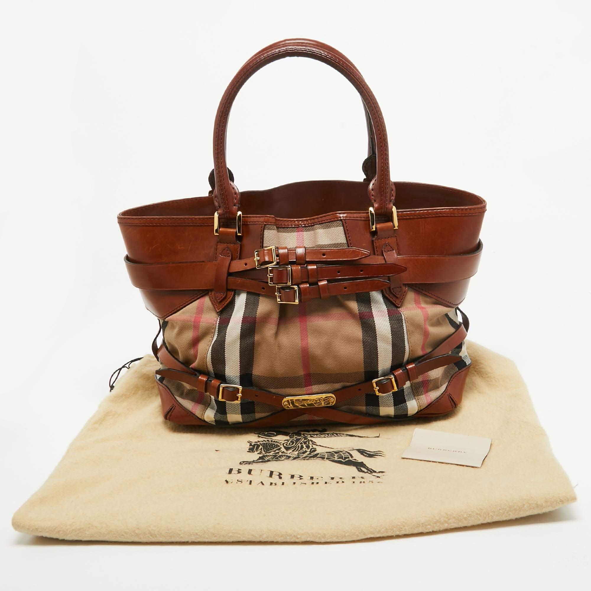 Burberry Brown/Beige House Check Fabric and Leather Medium Bridle Lynher Tote 12
