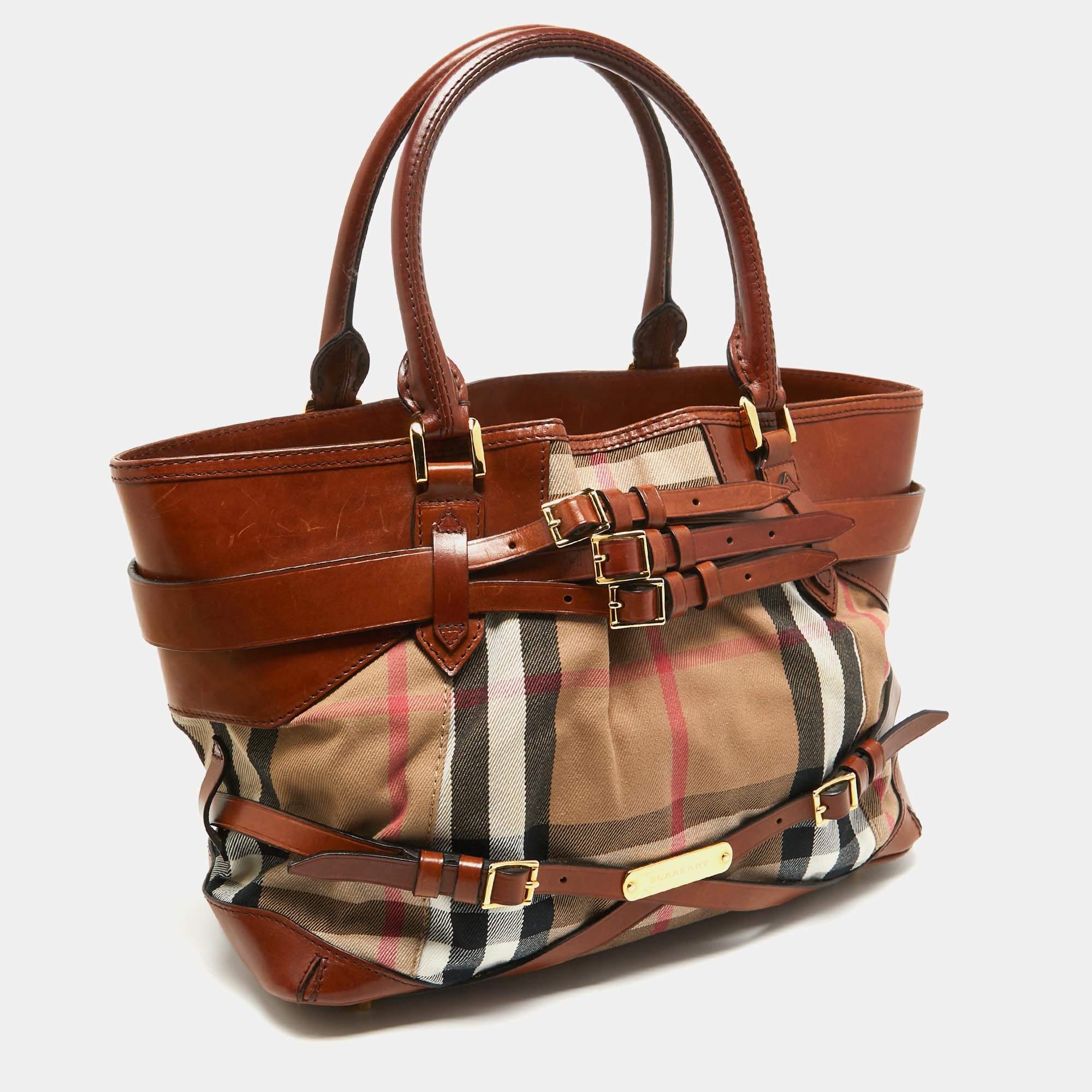 Burberry Brown/Beige House Check Fabric and Leather Medium Bridle Lynher Tote In Good Condition In Dubai, Al Qouz 2