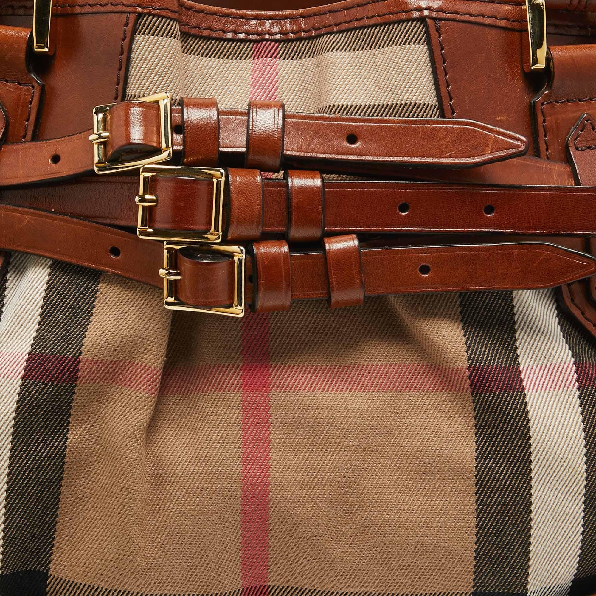 Women's Burberry Brown/Beige House Check Fabric and Leather Medium Bridle Lynher Tote
