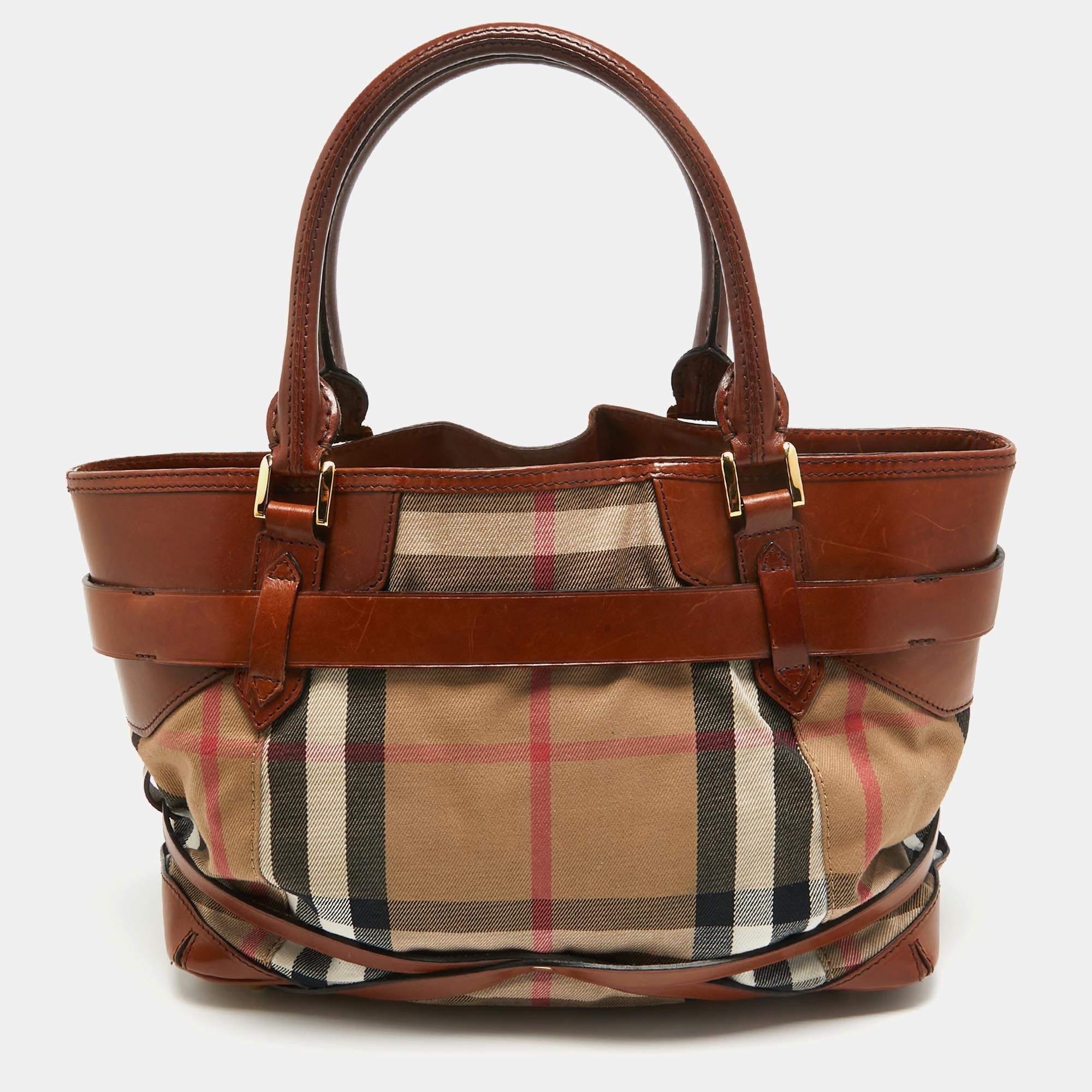 Burberry Brown/Beige House Check Fabric and Leather Medium Bridle Lynher Tote 3