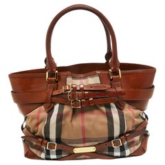 Burberry Brown/Beige House Check Fabric and Leather Medium Bridle Lynher Tote