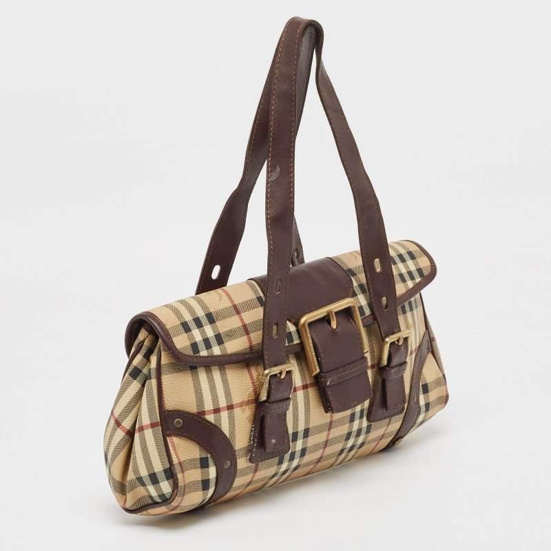 Burberry Brown/Beige House Check PVC and Leather Buckle Flap Bag In Fair Condition In Dubai, Al Qouz 2