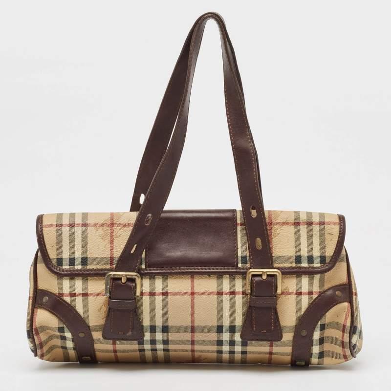 Women's Burberry Brown/Beige House Check PVC and Leather Buckle Flap Bag