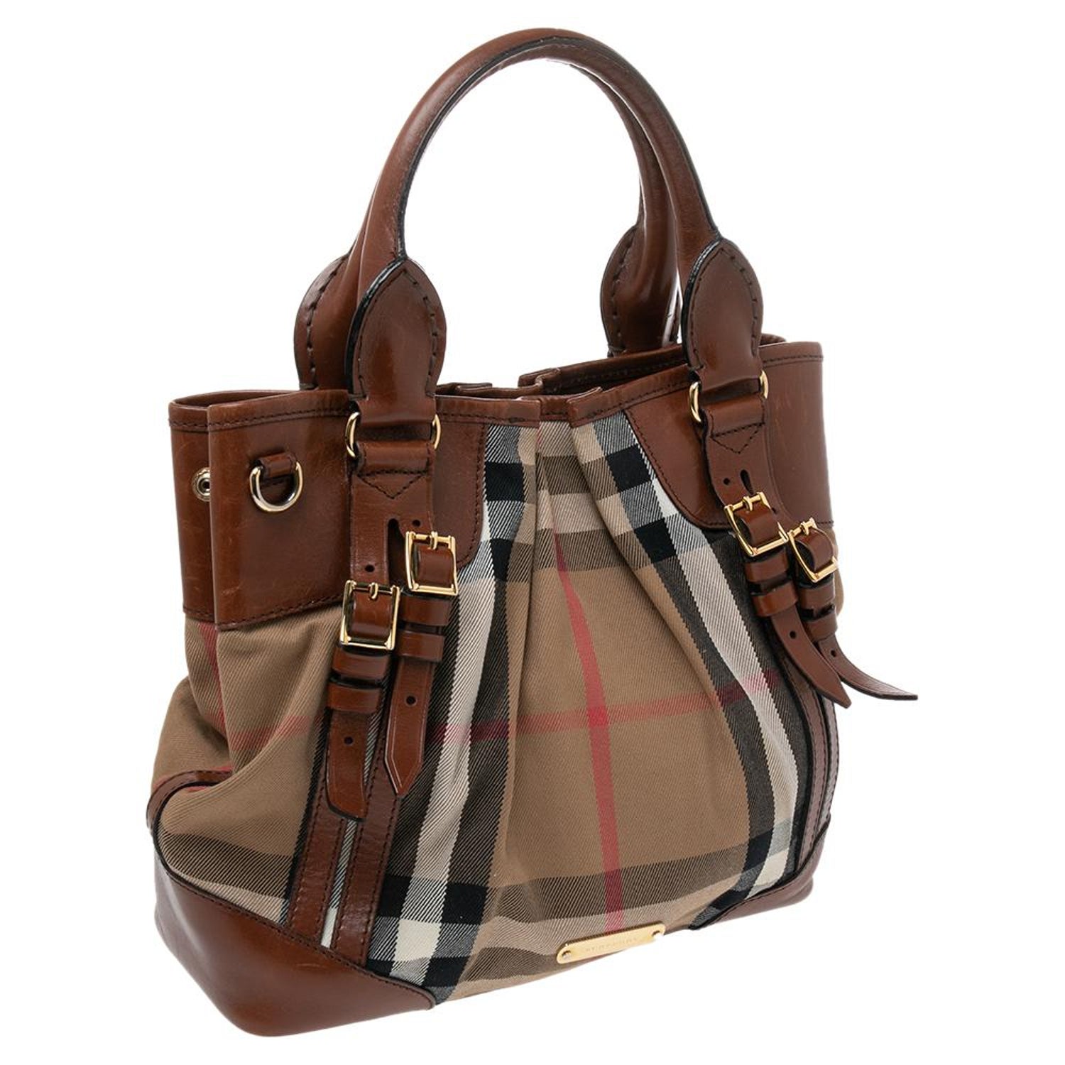 Burberry Brown/Beige Housecheck Canvas and Leather Bridle Tote at 1stDibs