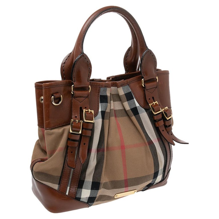 Burberry Brown/Beige Housecheck Canvas and Leather Bridle Tote at 1stDibs | burberry  bridle bag