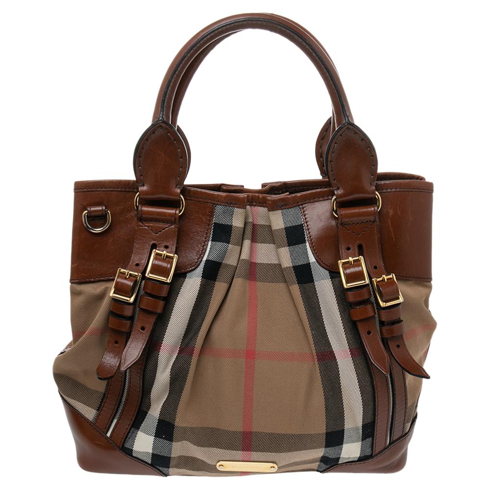 Burberry Brown/Beige Housecheck Canvas and Leather Bridle Tote