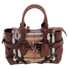 Sac cabas Lynher moyen en cuir marron/beige et toile Bridle House à carreaux Burberry