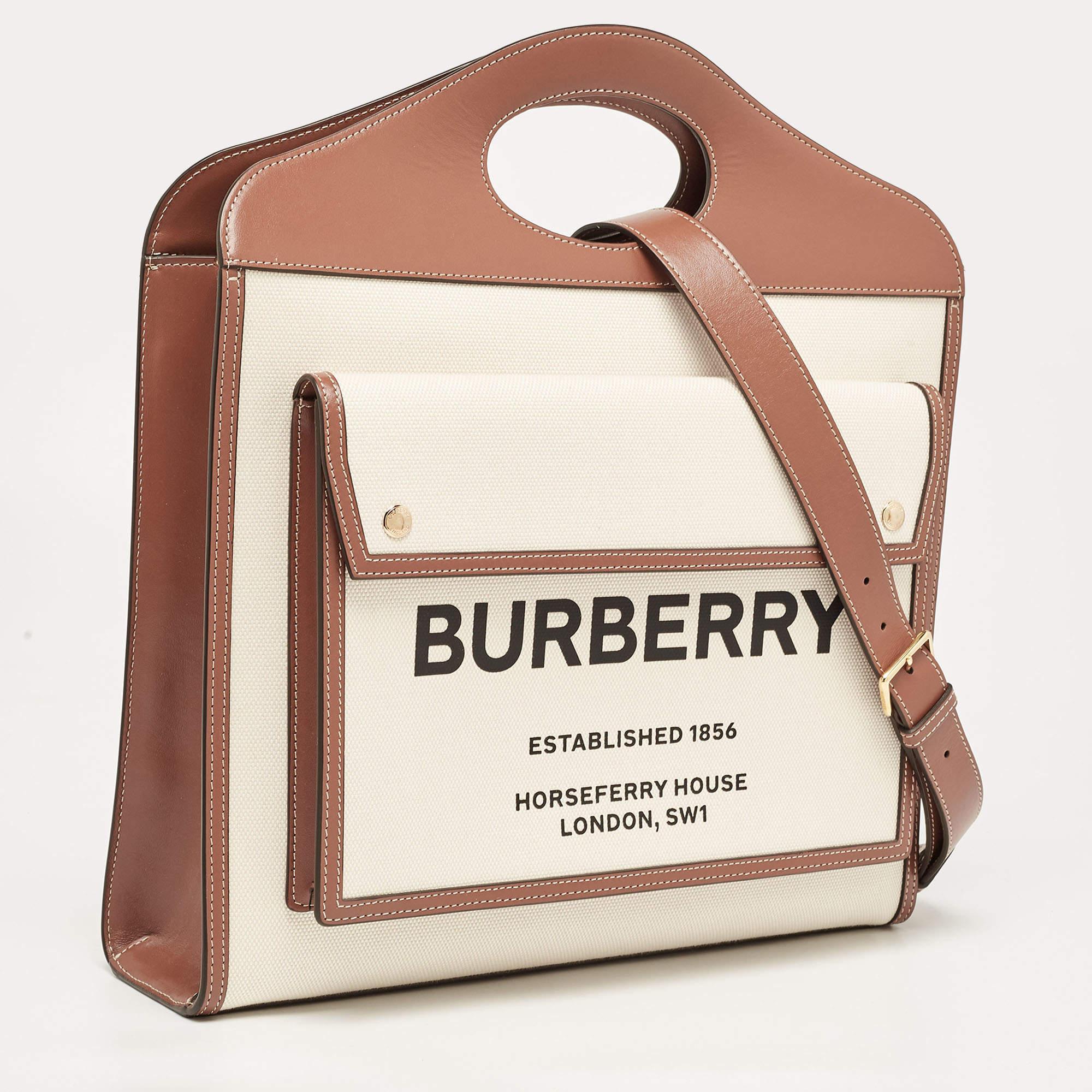 Burberry Brown/Beige Leather and Canvas Medium Pocket Bag 8