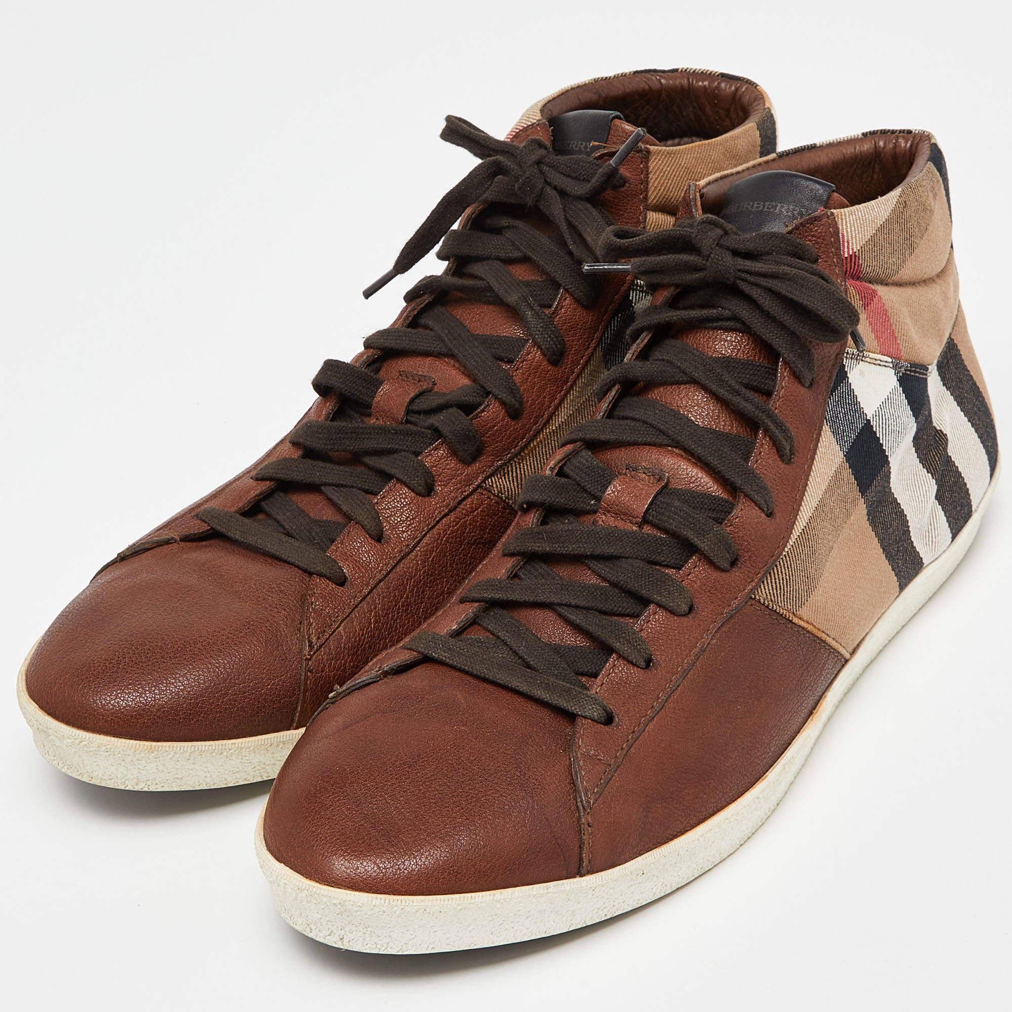 Burberry Brown/Beige Leather And Check Canvas High Top Sneakers Size 45 In Good Condition For Sale In Dubai, Al Qouz 2