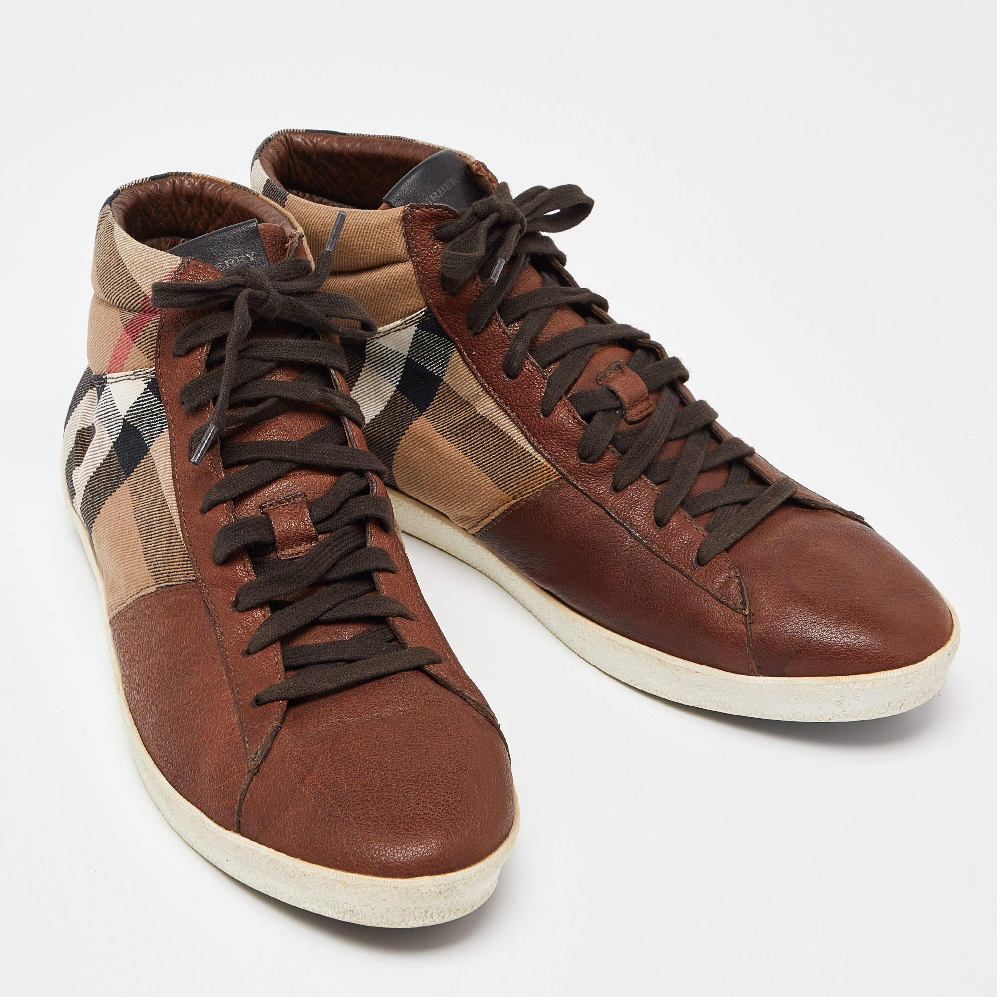 Burberry Brown/Beige Leather And Check Canvas High Top Sneakers Size 45 For Sale 1