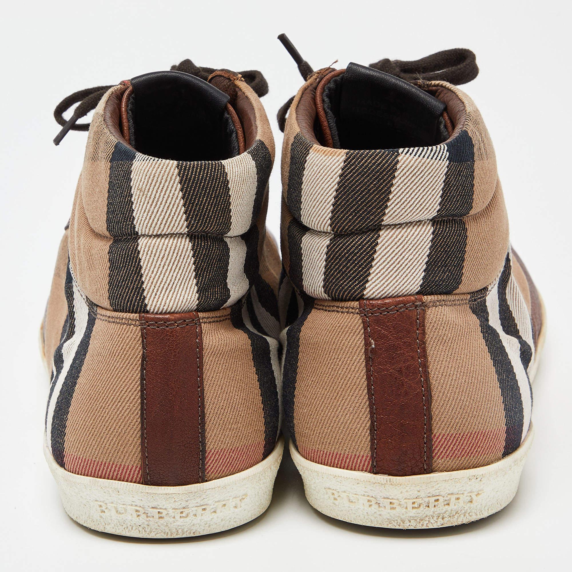 Burberry Brown/Beige Leather And Check Canvas High Top Sneakers Size 45 For Sale 2