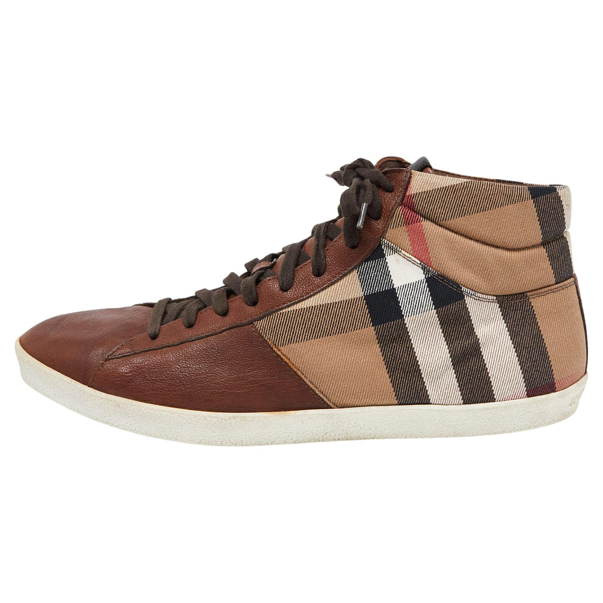 Burberry Brown/Beige Leather And Check Canvas High Top Sneakers Size 45 For Sale