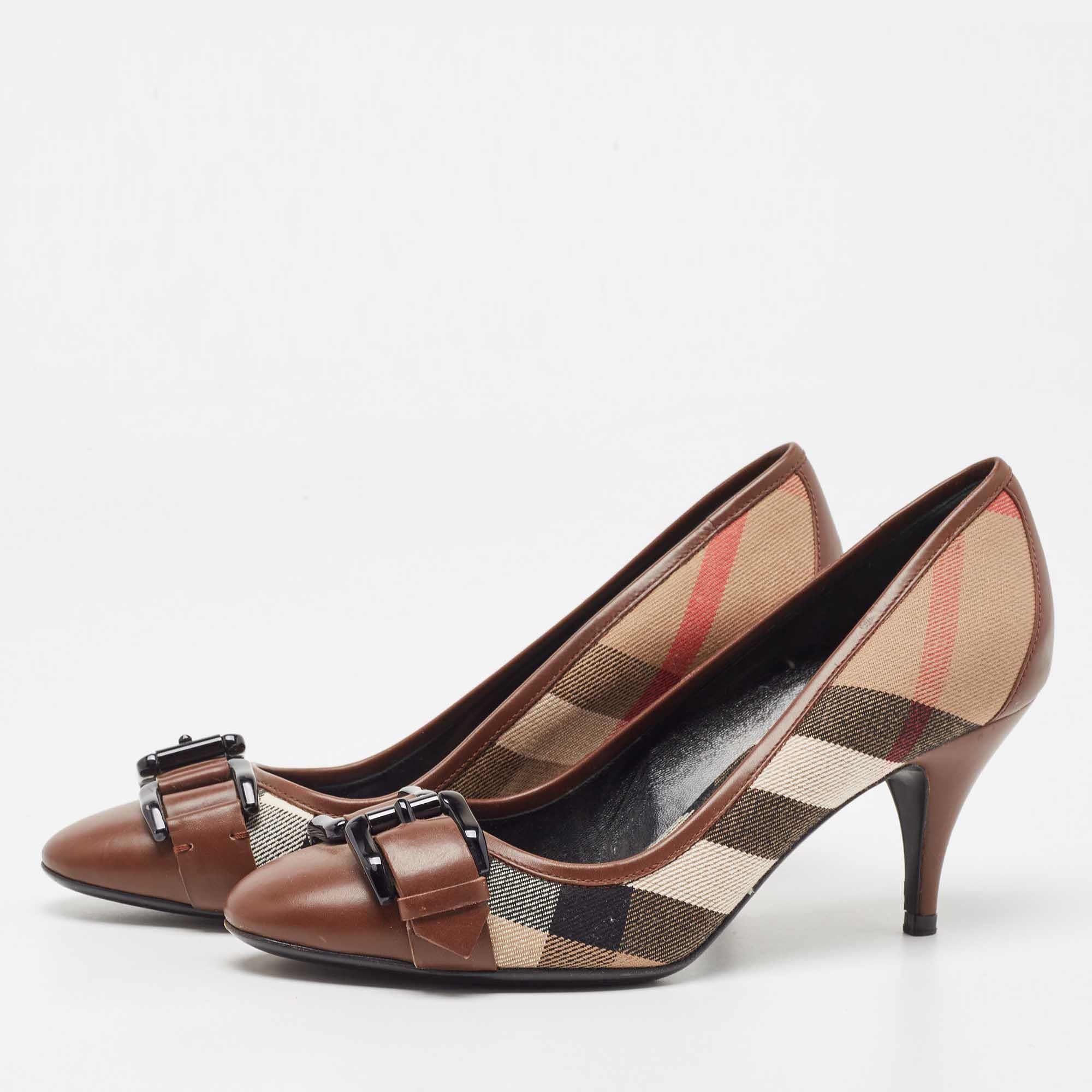 Burberry Brown/Beige Leather and House Check Canvas Buckle Detail Pumps Size 36 For Sale 4