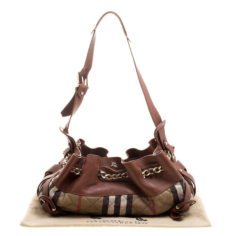 Bolso de hombro Margaret de Burberry en piel marrón/beige y cuadros acolchados de la casa 7