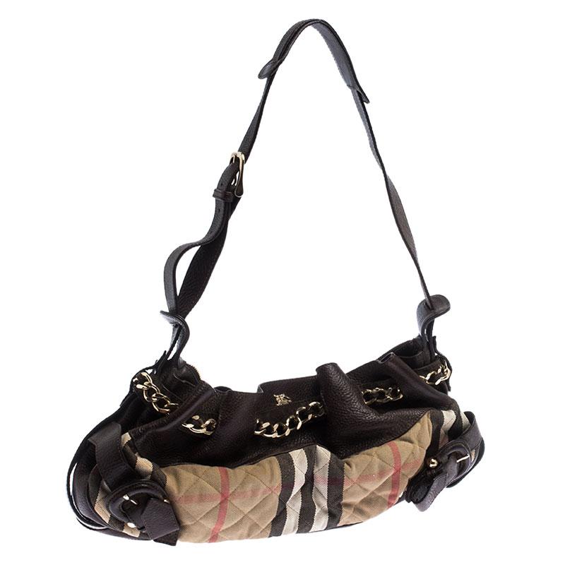 Borsa a tracolla Burberry Margaret Brown/Beige in pelle e House Check trapuntato In condizioni buone a Dubai, Al Qouz 2