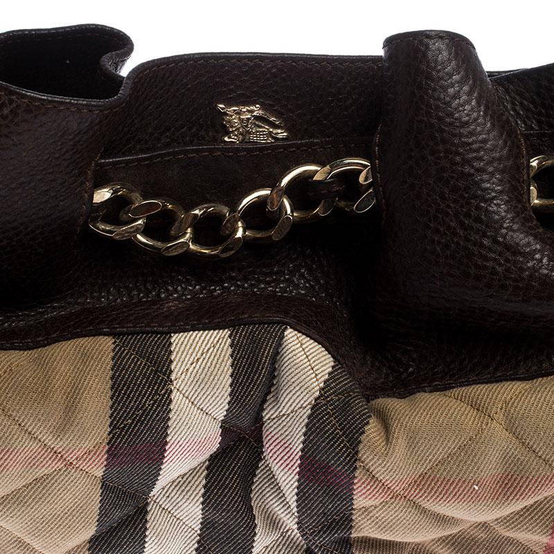 Borsa a tracolla Burberry Margaret Brown/Beige in pelle e House Check trapuntato 1