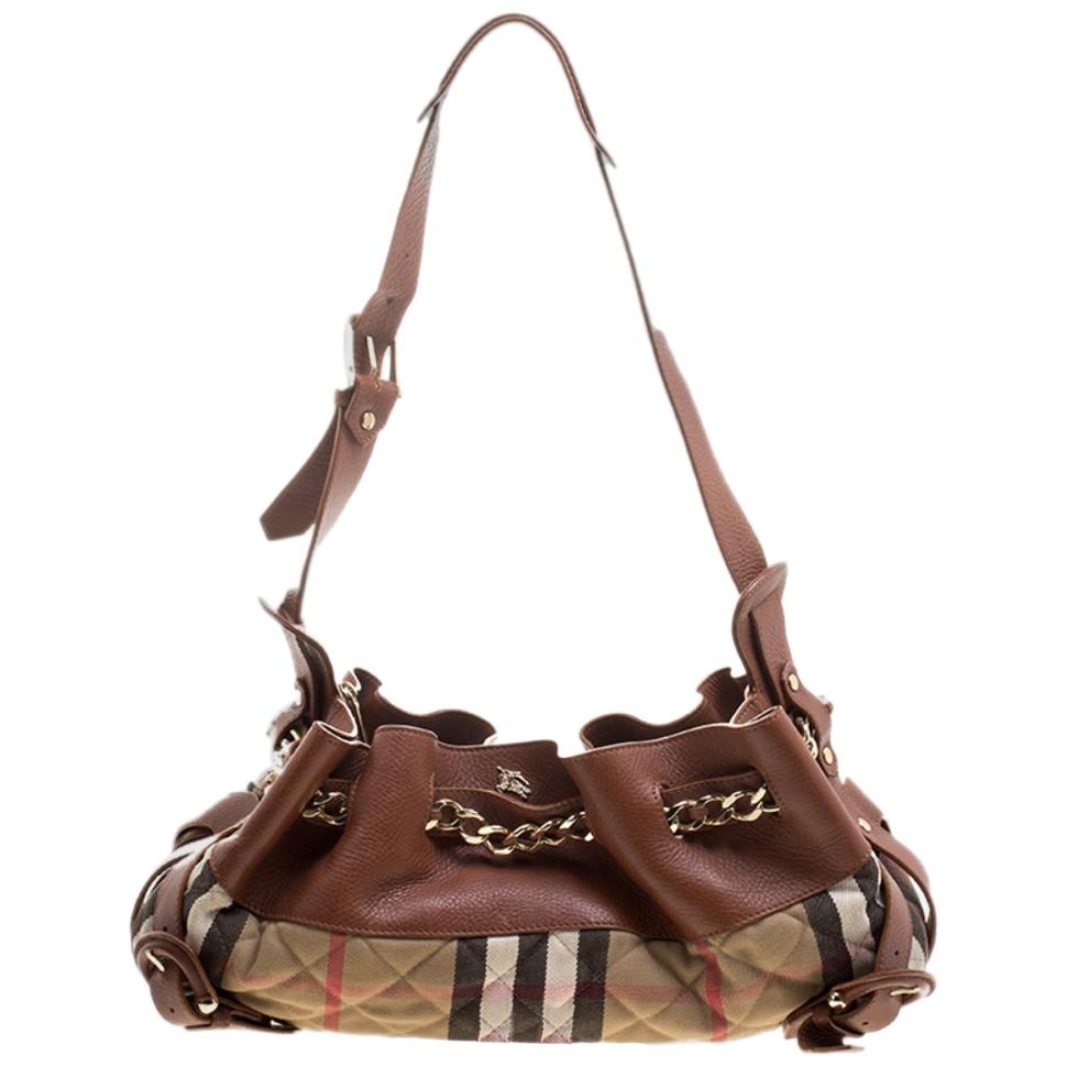 Burberry Brown/Beige Leather and Quilted House Check Margaret Shoulder Bag