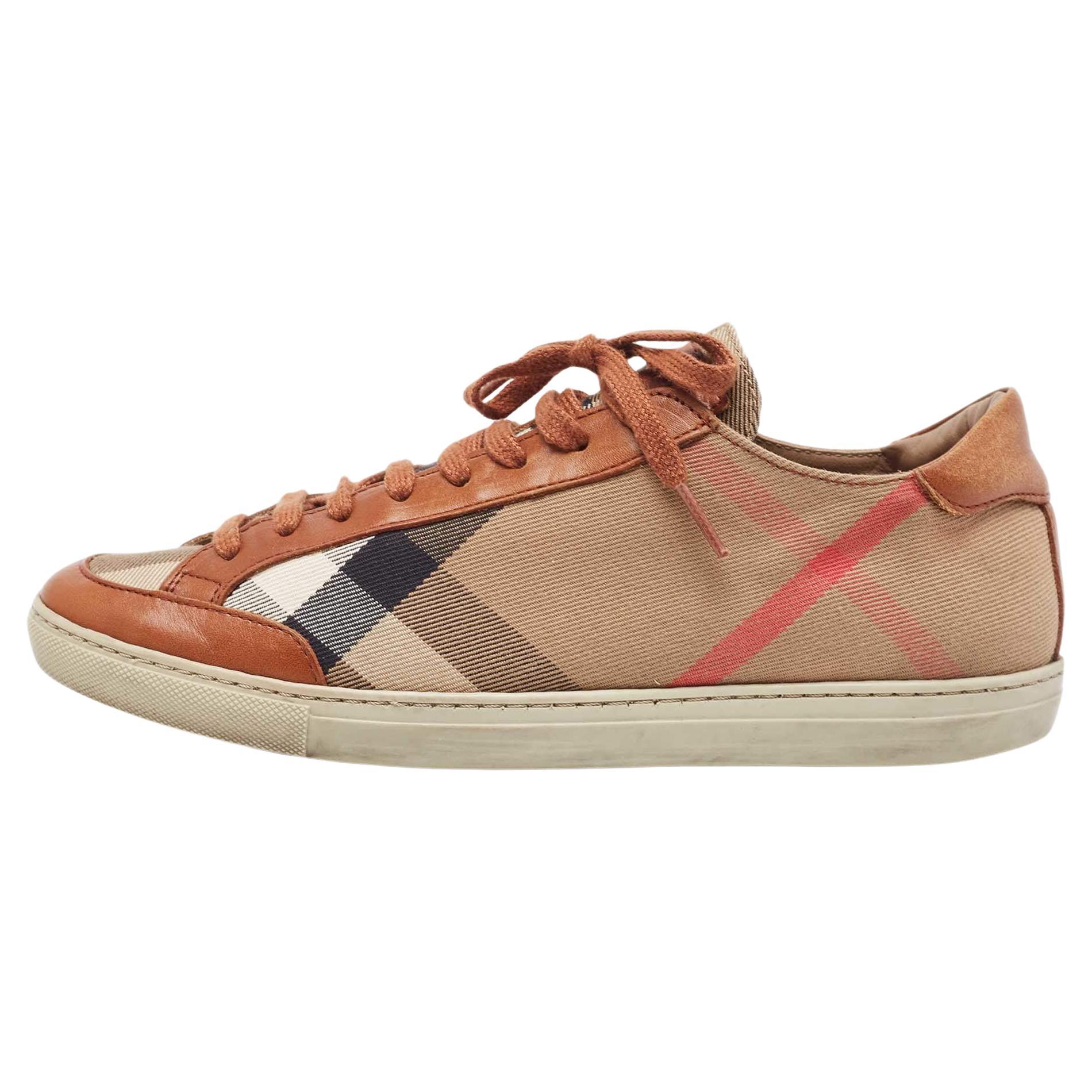 Burberry Brown/Beige Nova Check Canvas and Leather Lace Up Sneakers Size 39 For Sale