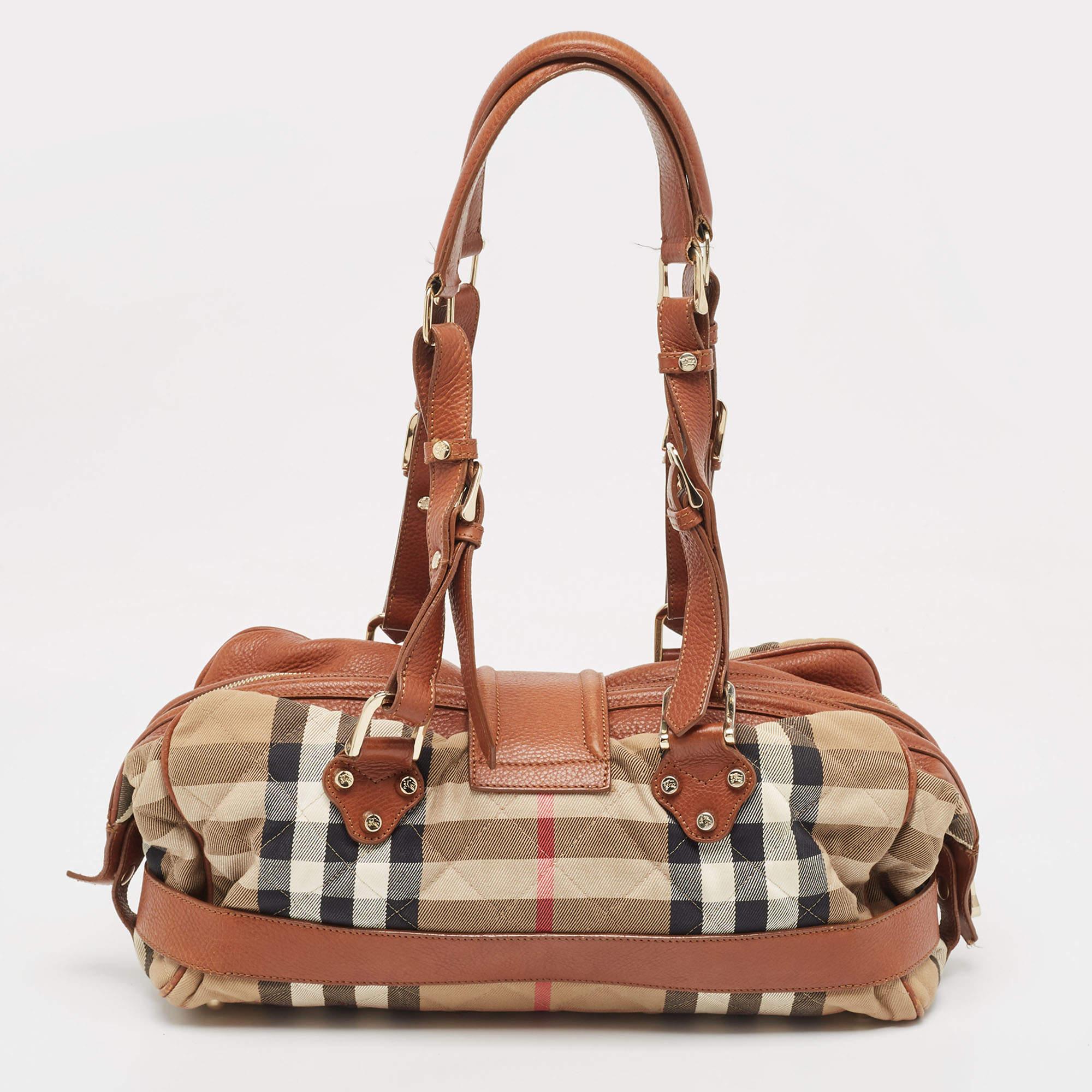 Burberry Brown/Beige Quilted House Check Canvas and Leather Buckle Satchel For Sale 12