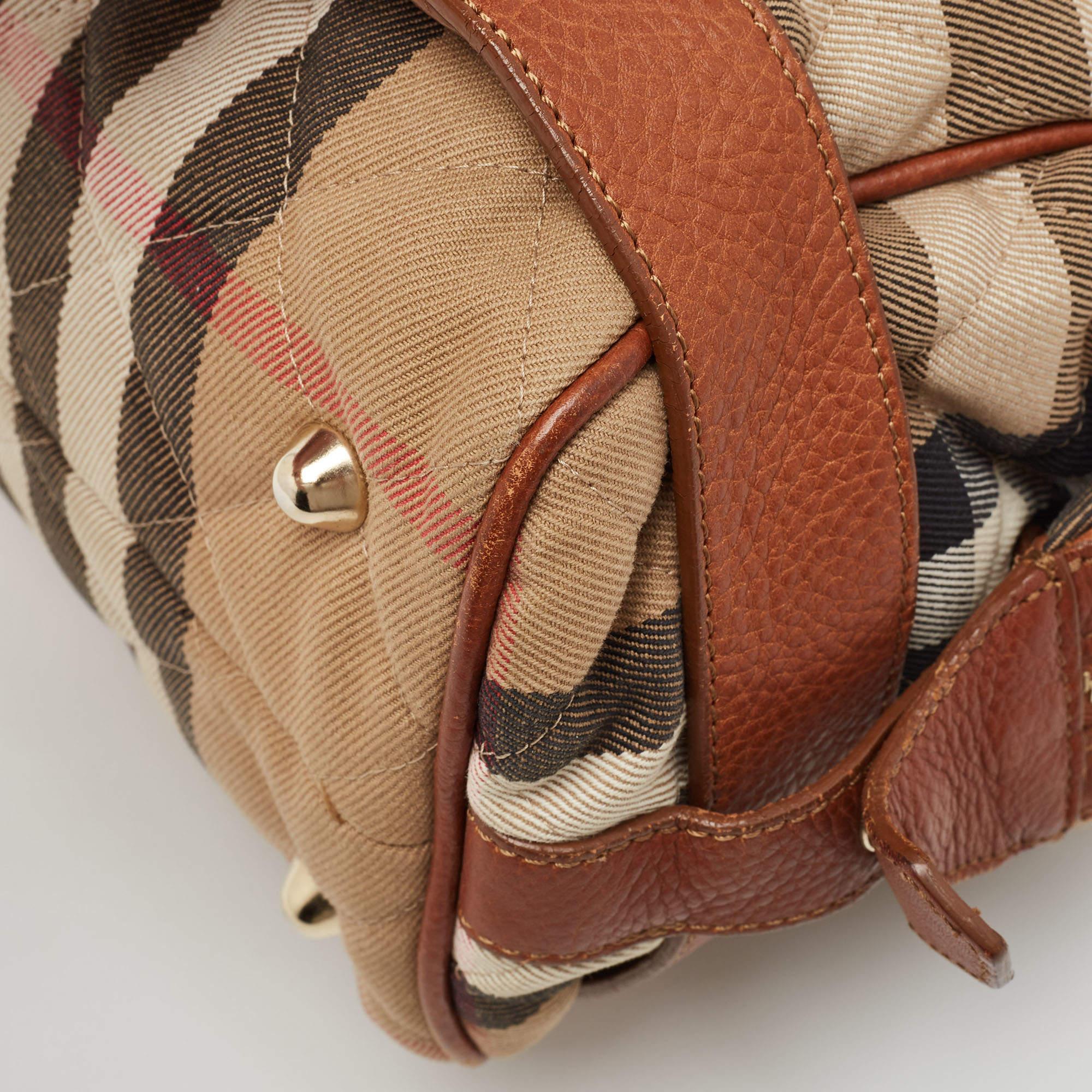 Women's Burberry Brown/Beige Quilted House Check Canvas and Leather Buckle Satchel For Sale